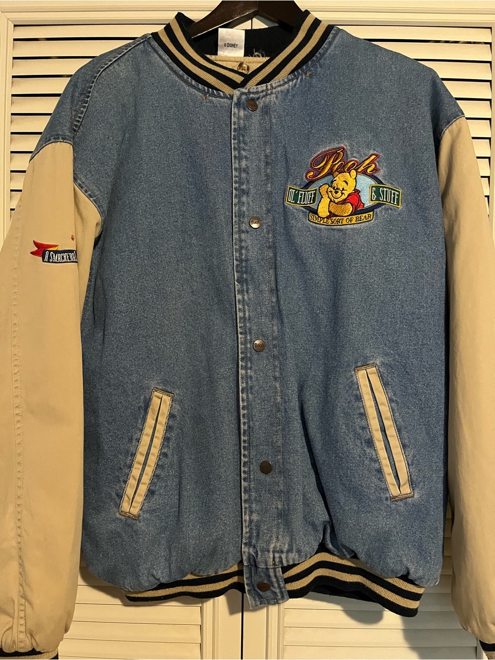 Vintage Disney Store Pooh Fluff & Stuff Varsity Jacket Denim